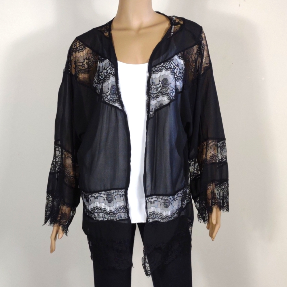 Women's Zanzea XL black lace and sheer open front cardigan